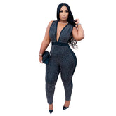 Nightclub Rhinestone Deep V Plunge Plunge neck Jumpsuit